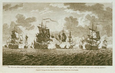 Doce estampas de combates navales. La Gloriosa Acción frente al Cabo Francois el 21 de Octubre de 1757, entre los ingleses y siete barcos de guerra franceses, en la que estos últimos fueron completamente derrotados. (grabado) de Francis Swaine