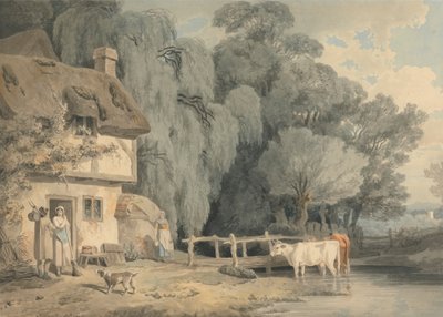 Escena campestre: Figuras junto a la puerta de una cabaña y ganado en un arroyo de Francis Wheatley