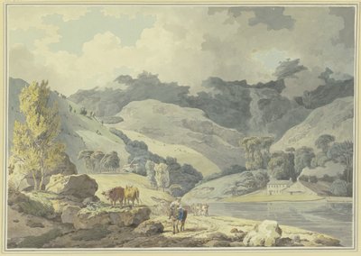 Paisaje montañoso, en el camino una muchacha a caballo, a la izquierda dos vacas de Francis Wheatley