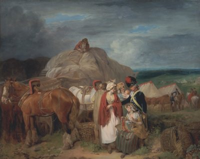 Soldado con campesinas vendiendo cintas, cerca de un campamento militar de Francis Wheatley