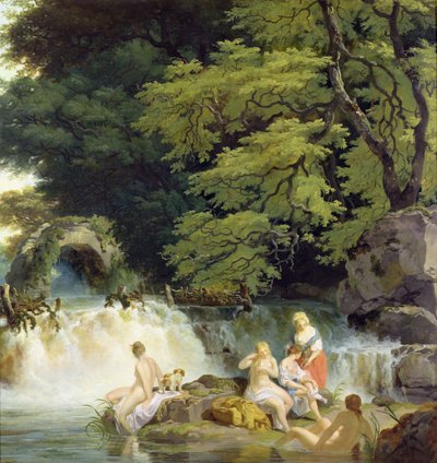 El salto del salmón en Leixlip con ninfas bañándose de Francis Wheatley