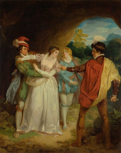 Valentín rescatando a Silvia de Proteo, de la obra de Shakespeare "Los dos caballeros de Verona", Acto V, Escena 4, La cueva de los forajidos. de Francis Wheatley