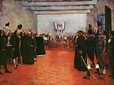 El Congreso de Tucumán - Declaración de la Independencia de las Provincias Unidas del Río y del Plata el 9 de julio de 1816 (litografía en color) de Francisco (after) Fortuny