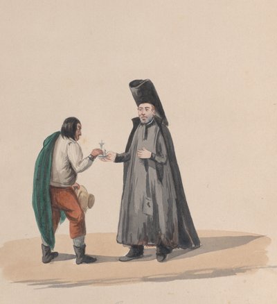 Un canónigo entregando un crucifijo a un hombre, de un grupo de dibujos que representan el traje peruano, 1848 de Francisco