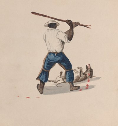 Un hombre visto desde atrás golpeando a un perro con un palo, de un grupo de dibujos que representan... de Francisco