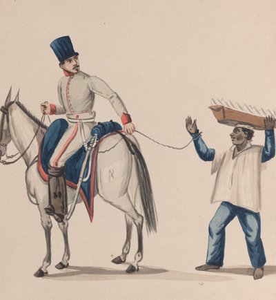 Un soldado a caballo sosteniendo una cuerda que asegura a un esclavo indígena equilibrando un plato de Francisco