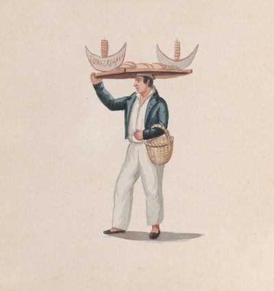 Un vendedor de tortillas equilibrando una bandeja en su cabeza, de un grupo de dibujos que representan a peruanos..., ca. de Francisco