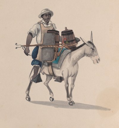 Un aguador montando un burro, de un grupo de dibujos que representan el traje peruano, ca. 1848 de Francisco