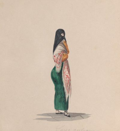 Una mujer con saya de perfil, de un grupo de dibujos que representan a peruanos de Francisco