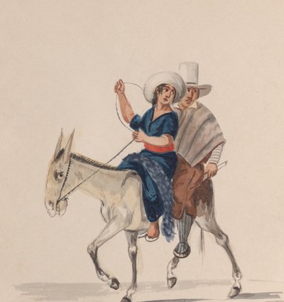 Un hombre y una mujer indios montando un burro, de un grupo de dibujos que representan peruanos, ca. 1848 de Francisco