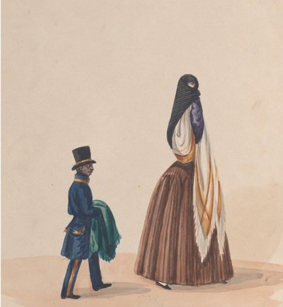 Una mujer elegantemente vestida y su paje, de un grupo de dibujos que representan a peruanos de Francisco