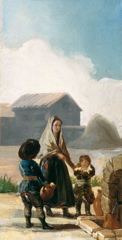 Una mujer y dos niños junto a una fuente de Francisco de Goya