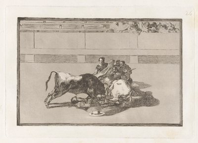 Caida de un picador de su caballo debajo del toro (A Picador is Unhorsed and Falls Under the Bull), Plate 26 from La tauromaquia de Francisco de Goya