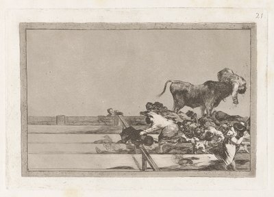Desgracias acaecidas en el tendido de la plaza de Madrid, y muerte del alcalde de Torrejon (Dreadful Events in the Front Rows of the Ring at Madrid and Death of the Mayor of Torrejon), Plate 21 from La tauromaquia de Francisco de Goya