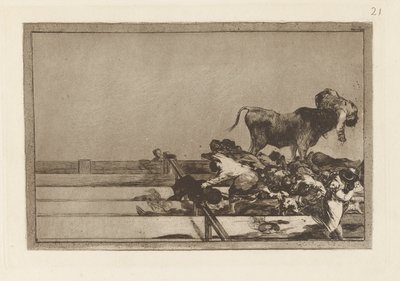 Desgracias acaecidas en el tendido de la plaza de Madrid, y muerte del alcalde de Torrej?n (Dreadful Events in the Front Rows of the Ring at Madrid and Death of the Mayor of Torrej?n), Plate 21 from La tauromaquia de Francisco de Goya
