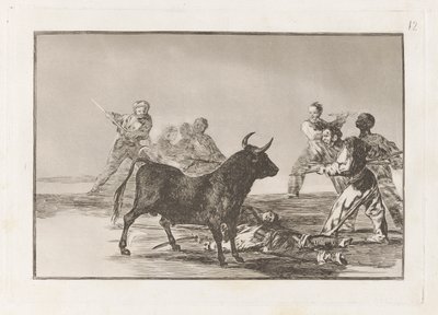 Desjarrete de la canalla con lanzas, medias-lunas, banderillas y otras armas (The Rabble Hamstring the Bull with Lances, Sickles, Banderillas and Other Arms), Plate 12 from La tauromaquia de Francisco de Goya