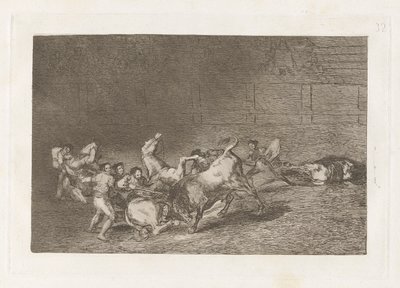 Dos grupos de picadores arrolados de seguida por un solo toro (Two Teams of Picadors Thrown One After the Other by a Single Bull), Plate 32 from La tauromaquia de Francisco de Goya