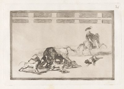 Echan perros al toro (Sueltan perros sobre el toro), Lámina 25 de La tauromaquia de Francisco de Goya