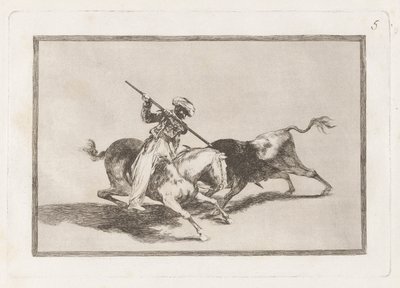 El animoso moro Gazul es el primero que lance? toros en regla (The Spirited Moor Gazul Is the First to Spear Bulls According to the Rules), Plate 5 from La tauromaquia de Francisco de Goya