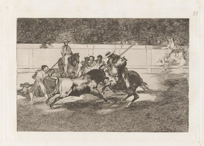 El esforzado Rendon picando un toro, de cuya suerte muri? en la plaza de Madrid (The Forceful Rendon Stabs a Bull with the Pique, from which Pass He Died in the Ring of Madrid), Plate 28 from La tauromaquia de Francisco de Goya
