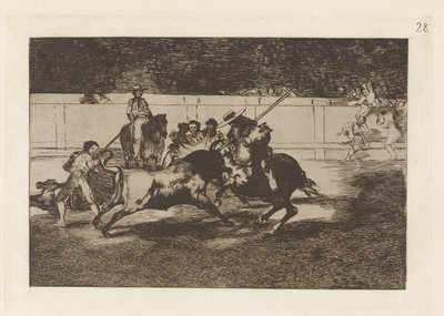 El esforzado Rendon picando un toro, de cuya suerte muri? en la plaza de Madrid (The Forceful Rendon Stabs a Bull with the Pique, from which Pass He Died in the Ring of Madrid), Plate 28 from La tauromaquia de Francisco de Goya