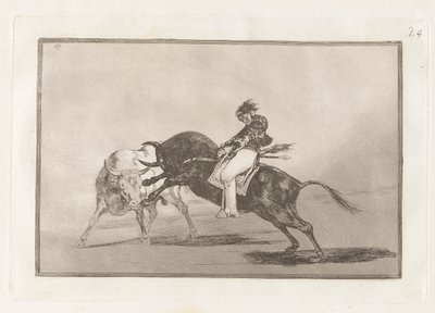 El mismo Ceballos montado sobre otro toro quiebra rejones en la plaza de Madrid (The Same Ceballos Mounted on Another Bull Breaks Short Spears in the Ring at Madrid), Plate 24 from La tauromaquia de Francisco de Goya