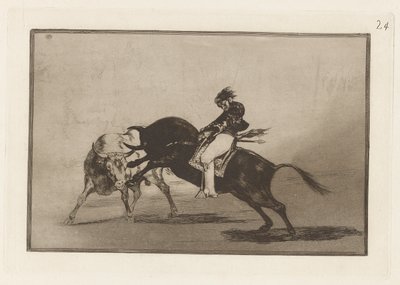 El mismo Ceballos montado sobre otro toro quiebra rejones en la plaza de Madrid (The Same Ceballos Mounted on Another Bull Breaks Short Spears in the Ring at Madrid), Plate 24 from La tauromaquia de Francisco de Goya