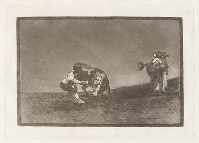 El mismo vuelca un toro en la plaza de Madrid (The Same Man Throws a Bull in the Ring at Madrid), Plate 16 from La tauromaquia de Francisco de Goya
