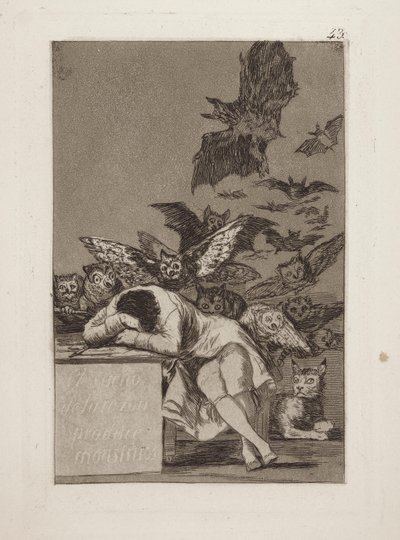 El sueno de la razon produce monstruos. (The Sleep of Reason Produces Monsters.), pl. 43 from the series Los caprichos de Francisco de Goya