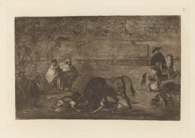 Los perros sueltos sobre el toro, Lámina C de La tauromaquia (tercera edición) de Francisco de Goya