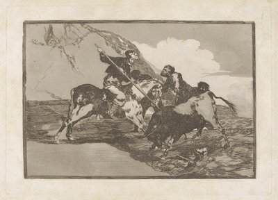 Modo con que los antiguos españoles cazaban los toros ? caballo en el campo (The Way in which the Ancient Spaniards Hunted Bulls on Horseback in the Open Country), Plate 1 from La tauromaquia de Francisco de Goya