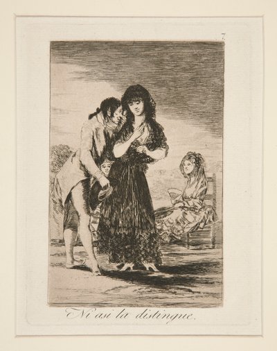Ni asi la distingue (Aun así él no puede distinguirla), pl. 7 de Los caprichos de Francisco de Goya