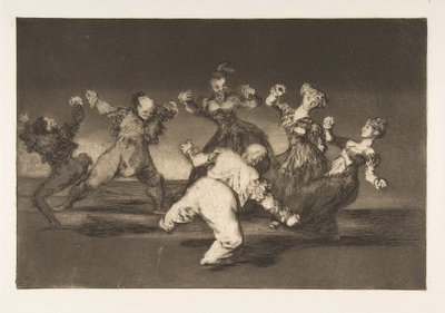Placa 12 de los Disparates: Si Marion va a bailar, entonces ella tiene..., ca. 1816-23 publicado 1864 de Francisco de Goya