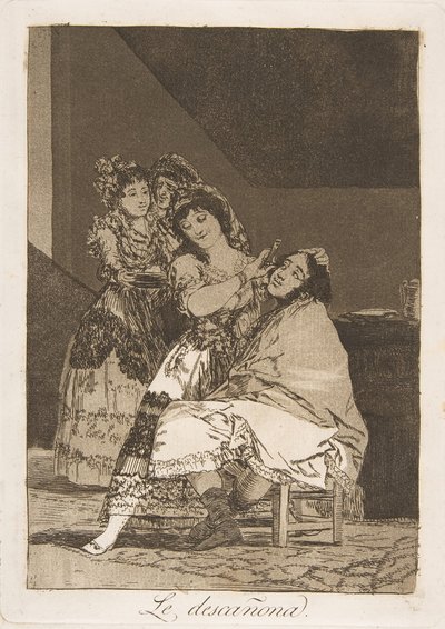 Placa 35 de Los Caprichos: Ella lo despluma de Francisco de Goya