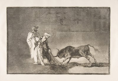 Placa 6 de La Tauromaquia: Los moros hacen una jugada diferente en el ruedo llamando al toro, 1816 de Francisco de Goya