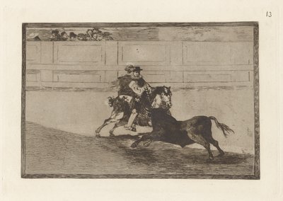 Un caballero español en plaza quebrando rejoncillos sin auxilio de los chulos (Un caballero español montado en el ring rompiendo lanzas cortas sin la ayuda de asistentes), Lámina 13 de La tauromaquia de Francisco de Goya
