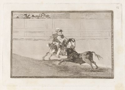 Un caballero español en plaza quebrando rejoncillos sin auxilio de los chulos (Un caballero español montado en el ring rompiendo lanzas cortas sin la ayuda de asistentes), Lámina 13 de La tauromaquia de Francisco de Goya