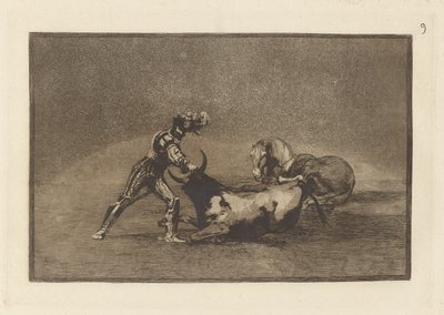 Un caballero español mata un toro despues de haber perdido el caballo (A Spanish Knight Kills the Bull after Having Lost his Horse), Plate 9 from La tauromaquia de Francisco de Goya