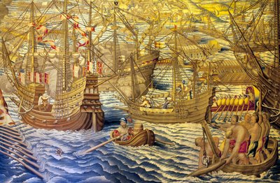 Los barcos y la barcaza - Detalle del conquete de Túnez (Túnez) - Tapiz de Francisco y Cornelius Van der Ggot (siglo XVIII), tejido en la fábrica real de tapices, a mediados del siglo XVIII, según el tapiz del siglo XVI de Willem de Pannemaker - (Tun de Francisco Ignacio Vandergoten Canyuwell
