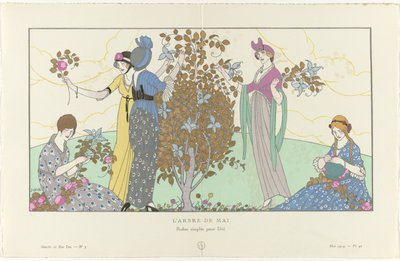 Gazette du Bon Ton, 1914 - No. 5, Pl. 42: El árbol de mayo / Vestidos sencillos para el verano (título sobre objeto) de Francisco Javier Gosé