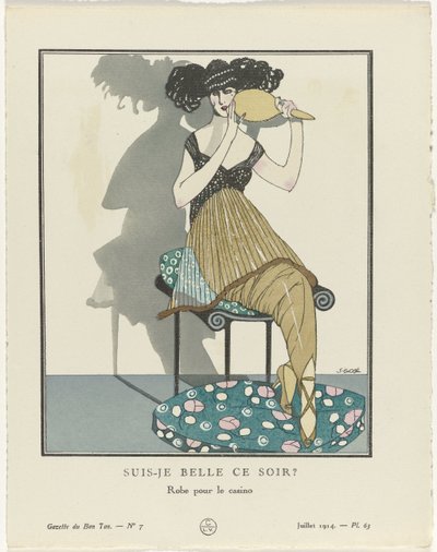 Gazette du Bon Ton. Arte – Modos y Frivolidades: Artistas Gazette du Bon Ton, 1914, No. 7, Pl. 63: ¿Estoy hermosa esta noche? / Vestido para el casino (título sobre objeto) de Francisco Javier Gosé