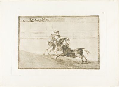 Un caballero español montado en el ruedo rompiendo lanzas cortas sin la ayuda de asistentes, lámina 13 de El Arte del Toreo de Francisco Jose de Goya y Lucientes