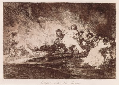GOYA Y LUCIENTES, Francisco de (1746-1828). Escapan entre las llamas. 1810-1812. (16,1 x 23,3 cm). Lámina 47 de "Los desastres de la guerra". Aguafuerte. ESPAÑA. MADRID (COMUNIDAD AUTÓNOMA). Madrid. Biblioteca Nacional de Francisco Jose de Goya y Lucientes
