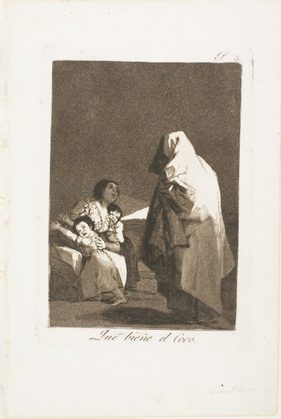 Aquí viene el Coco, placa tres de Los Caprichos de Francisco Jose de Goya y Lucientes