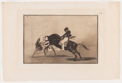 Placa 24 de La Tauromaquia: El mismo Ceballos montado en otro toro rompe lanzas cortas en el ruedo de Madrid de Francisco Jose de Goya y Lucientes