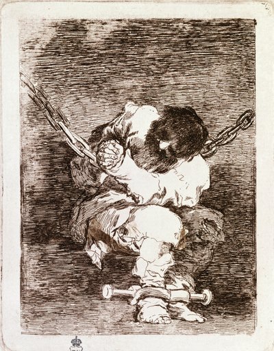 Prisionero encadenado sentado - La seguridad es tan bárbara como el crimen. (Grabado) de Francisco de Goya
