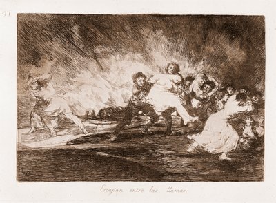 Los desastres de la guerra: Huyen a través de las llamas (aguafuerte de un dibujo) de Francisco de Goya