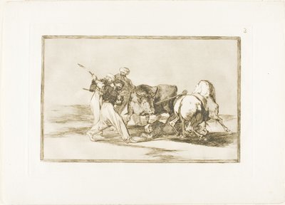 Los moros se establecieron en España, abandonando las supersticiones del Corán, adoptaron este arte de caza y lanzan una lanza a un toro en campo abierto, placa tres de El arte de la tauromaquia de Francisco Jose de Goya y Lucientes