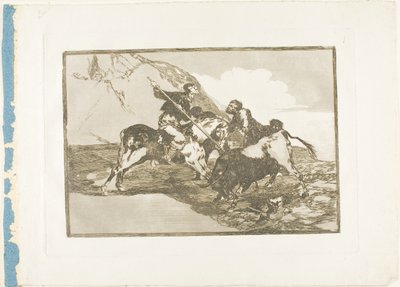 La Forma en que los Antiguos Españoles Cazaban Toros a Caballo en el Campo Abierto, lámina uno de El Arte del Toreo de Francisco Jose de Goya y Lucientes