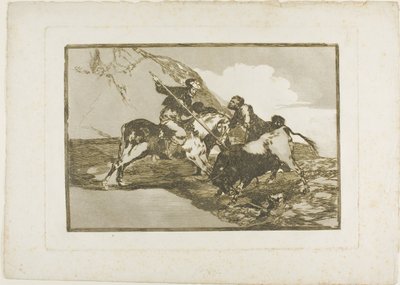 La forma en que los antiguos españoles cazaban toros a caballo en campo abierto, lámina uno de El arte de la tauromaquia de Francisco Jose de Goya y Lucientes